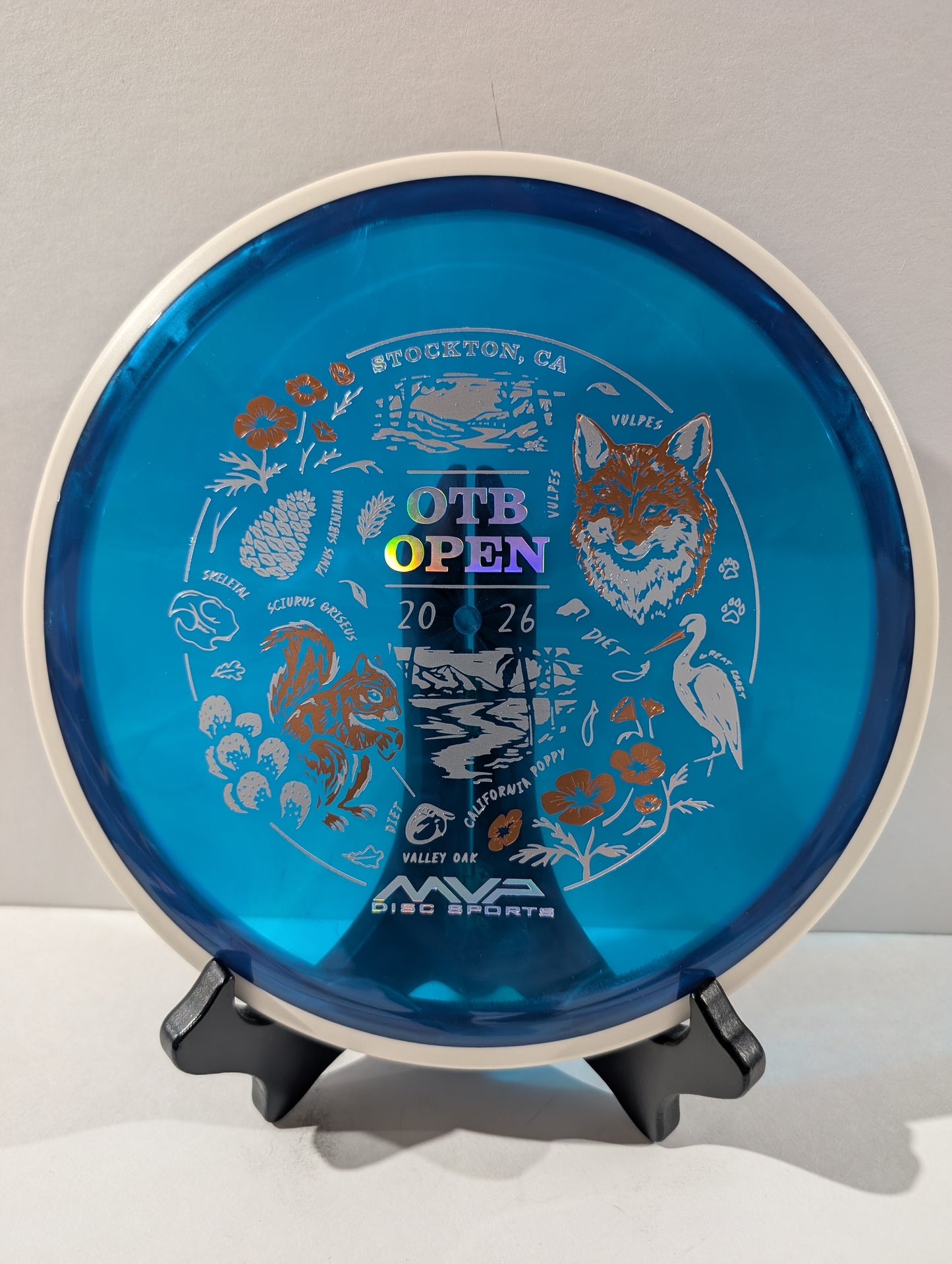 Blue disc with branding and graphics on a stand against a gray background