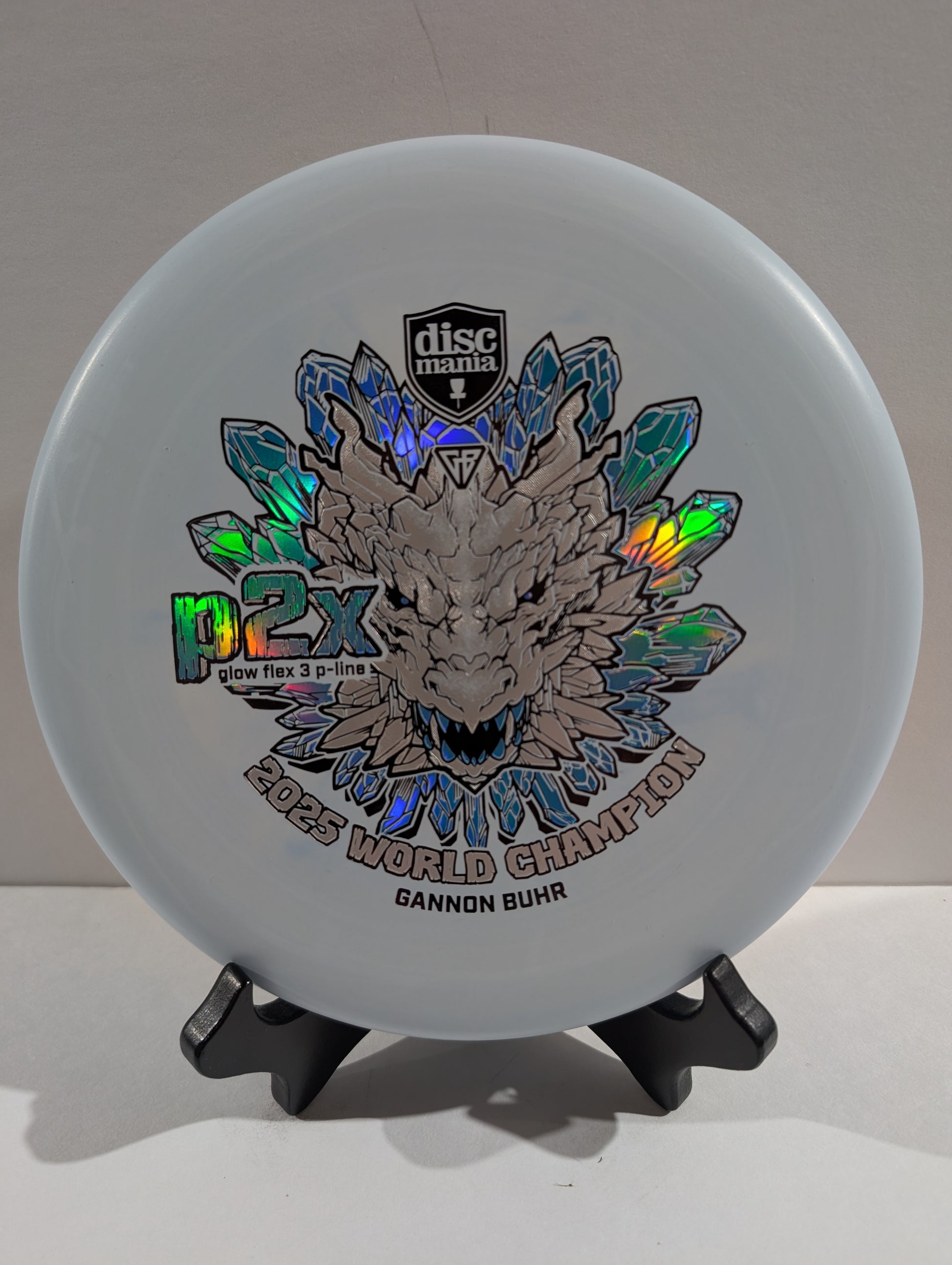 Blue p2x disc with silver tricolor dragon stamp