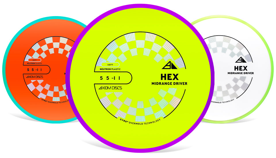 Three disc golf discs with different colors and designs on a white background