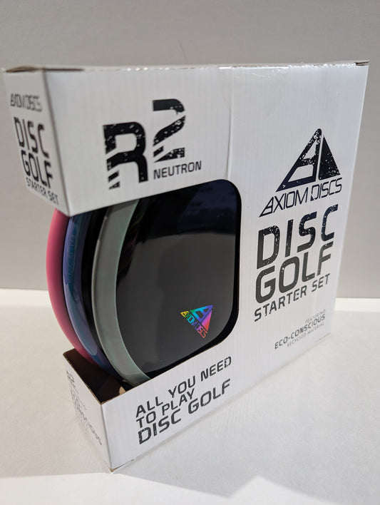 Axiom Discs Disc Golf Starter Set packaging with disc golf discs inside