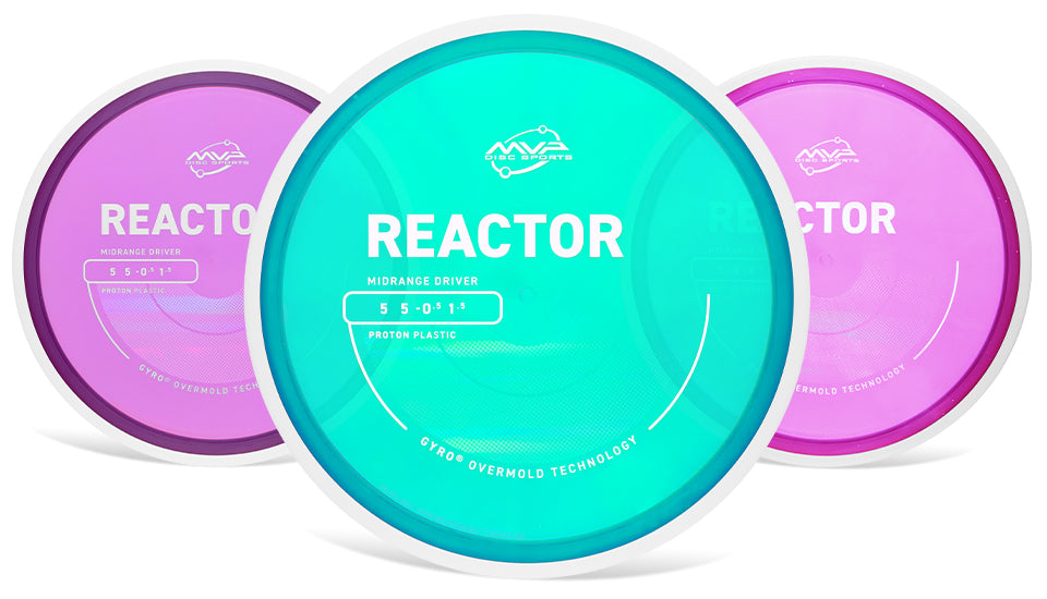 Three disc golf discs with 'REACTOR' branding on a white background