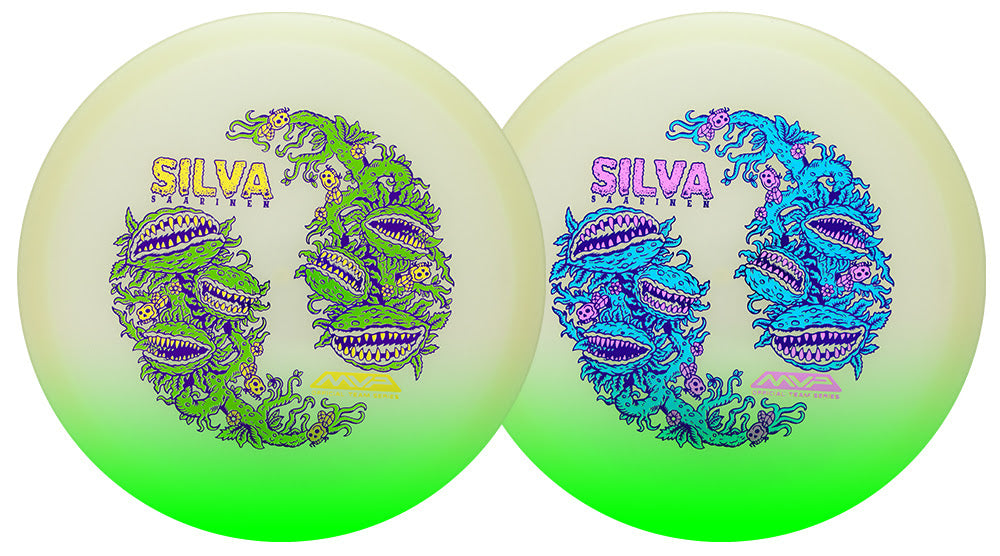 Two disc golf discs with the name SILVA printed above stylized snake graphics, one in green and one in blue, on a white background.