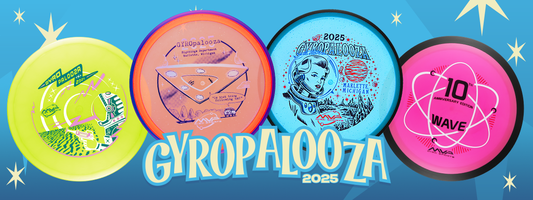 Gyropalooza 2025 graphic with 4 multicolored disc golf discs