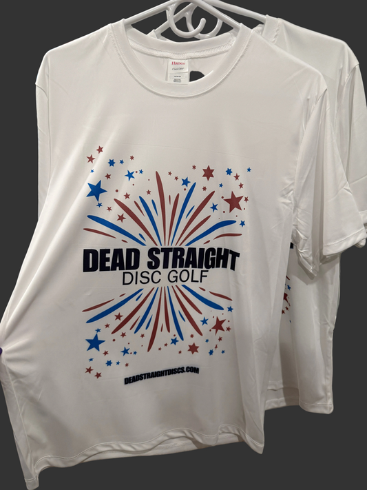 White t-shirt with Dead Straight Disc Golf wording and a red and blue design