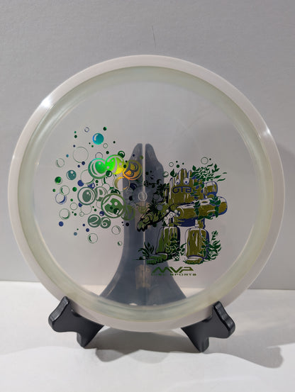 Clear disc with a design on a white background