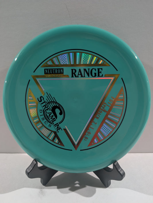 Turquoise disc with branding on a stand against a gray background