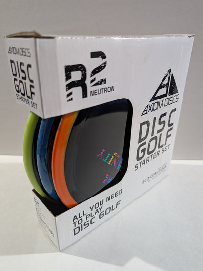 Axiom Discs R2 Neutron disc golf starter set packaging on a white background
