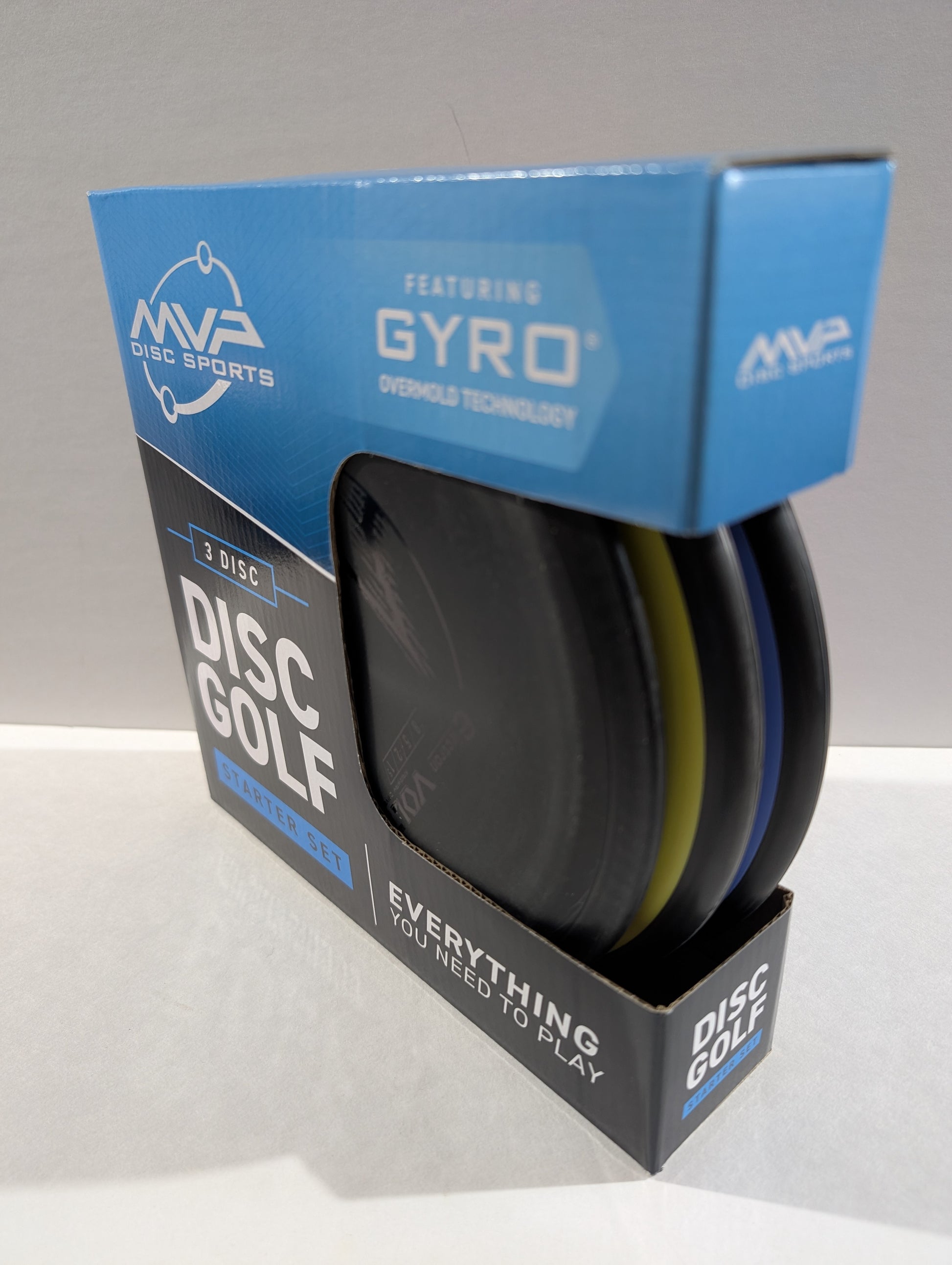 MVP Disc Sports disc golf packaging with three discs inside on a gray background