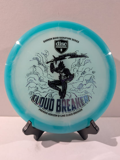 Disc golf disc with 'Cloud Breaker' and 'Discmania' branding on a stand.