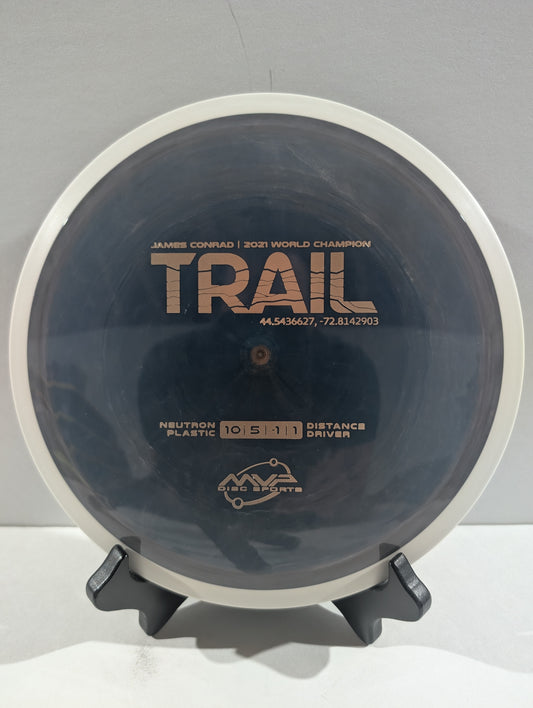 Disc golf disc with branding and specifications on a gray background