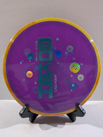 Purple disc with 'Bokeh' branding on a stand against a white background