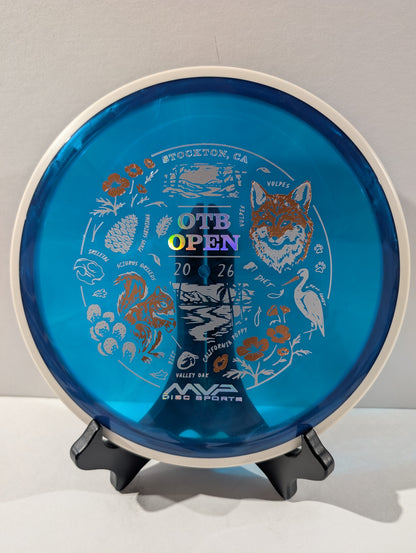 Blue disc with branding and graphics on a stand against a gray background