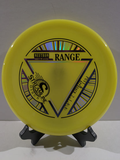 Yellow disc golf disc with branding on a stand against a white background