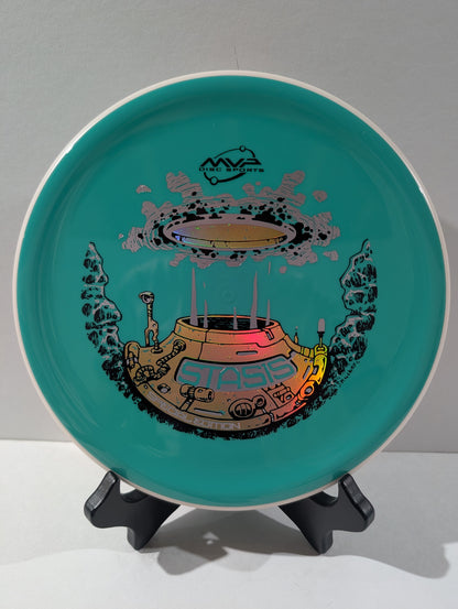 Teal disc with a space-themed design on a stand against a gray background
