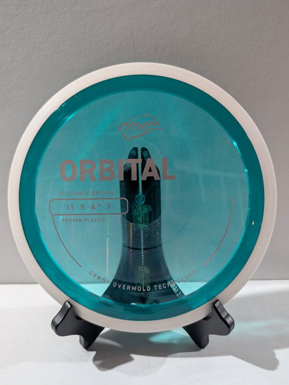 Disc golf disc with 'Orbital' branding on a gray background
