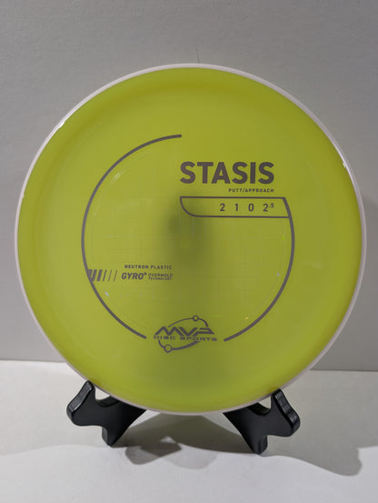 Yellow disc golf putter with 'Stasis' branding on a gray background