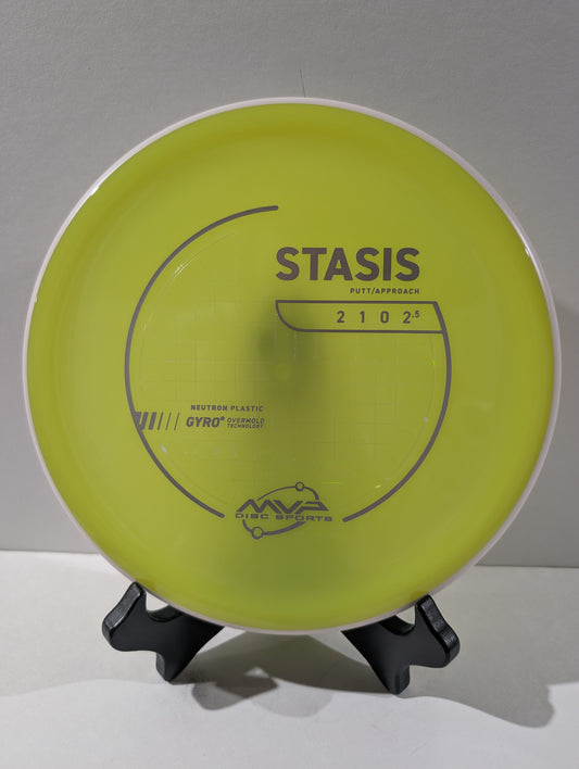 Yellow disc golf putter with 'Stasis' branding on a gray background