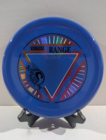 Blue disc golf disc with branding on a stand against a white background
