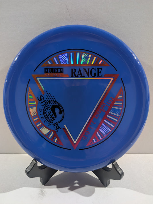 Blue disc golf disc with branding on a stand against a white background