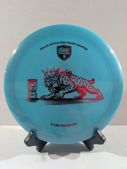 Blue disc with a red cat design on a white background