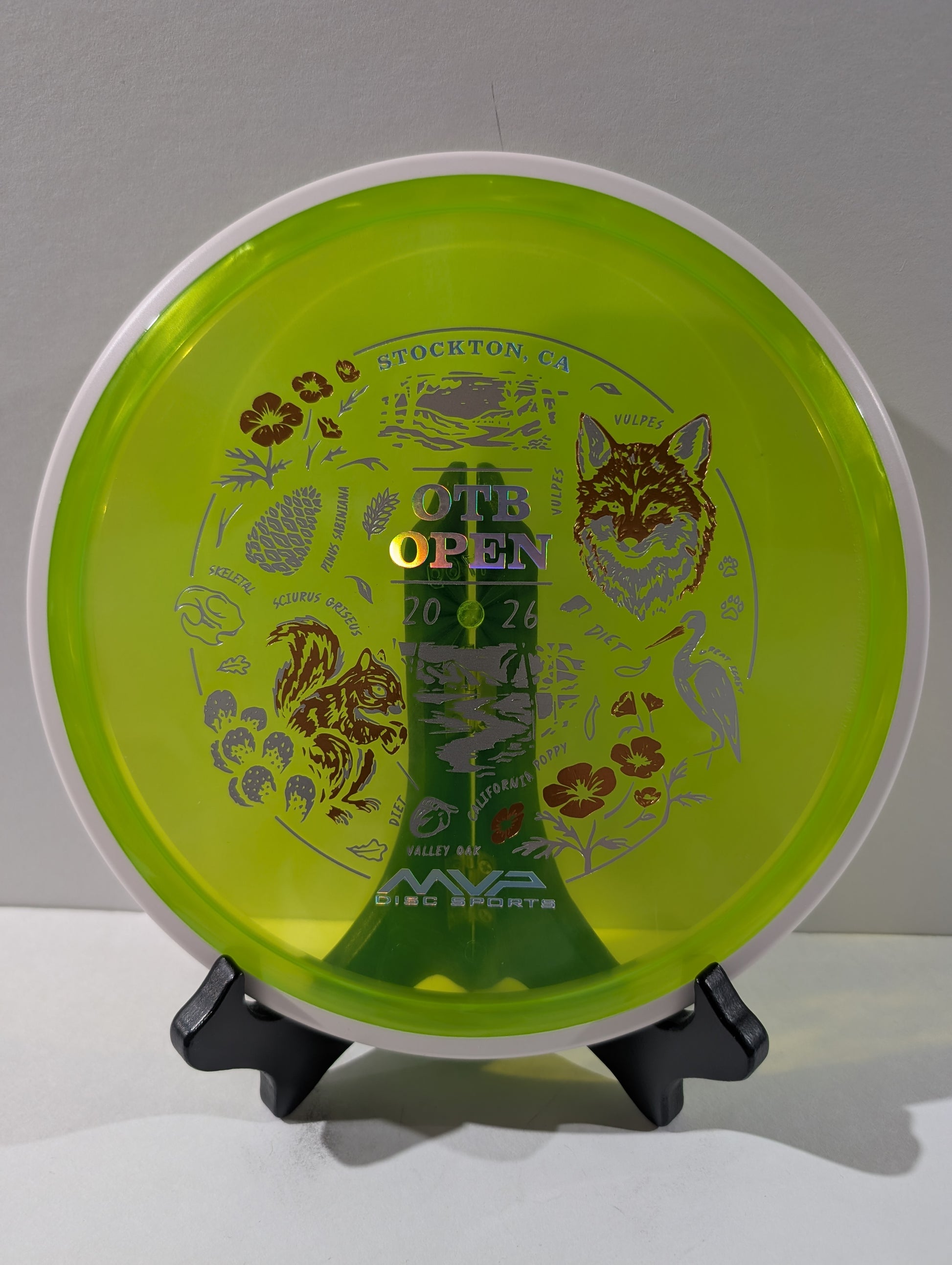 Green disc golf disc with branding and text on a stand against a gray background