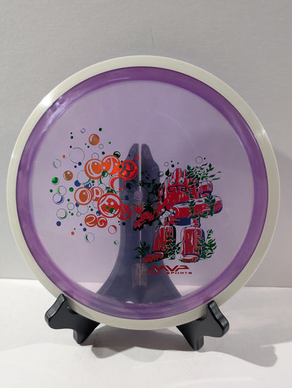 Purple disc with colorful design on a stand against a gray background