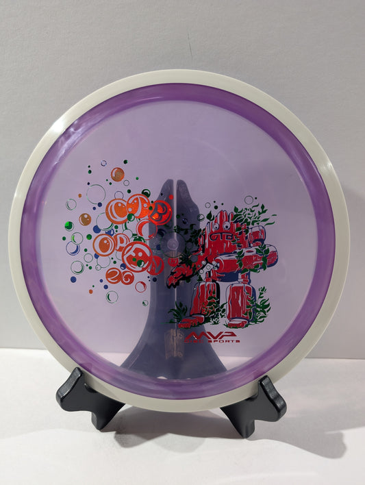 Purple disc with colorful design on a stand against a gray background