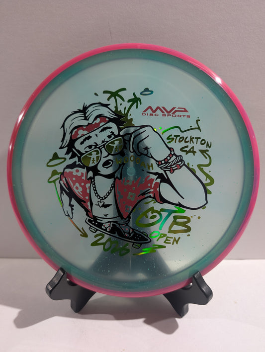 Disc with a graphic design on a stand against a white background