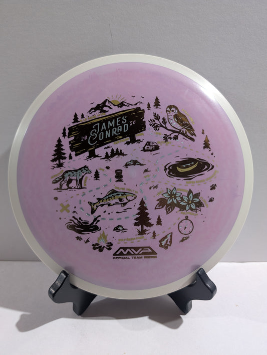 Disc with nature-themed design on a stand against a gray background