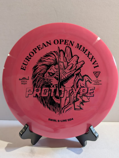 Pink disc with black graphics and text on a stand against a white background