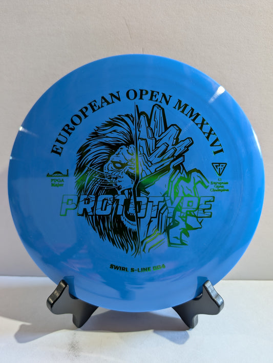 Blue disc golf disc with 'European Open MMXXVI' and 'Prototype' text on a stand.