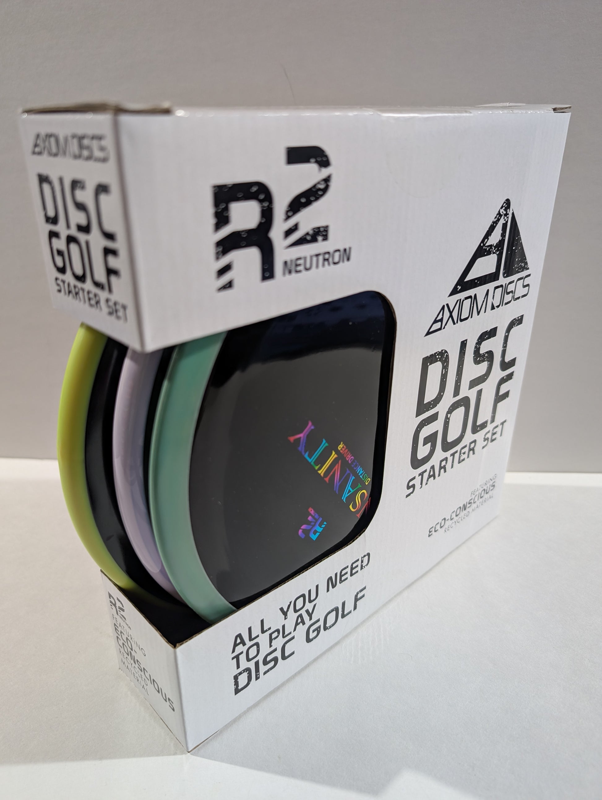 Axiom Discs disc golf starter set packaging on a white background