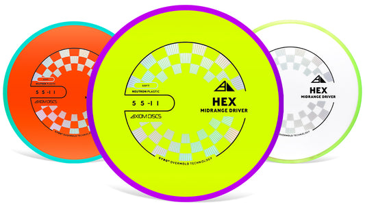 Three disc golf discs with different colors and designs on a white background