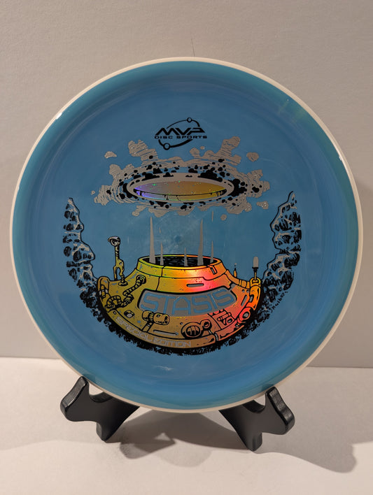 Blue disc with a colorful design, displayed on a stand.