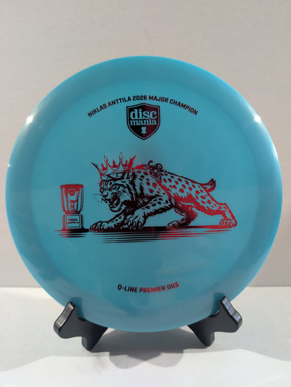 Blue disc with a red cat design on a white background