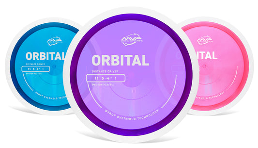 Three disc golf discs with 'Orbital' branding on a white background