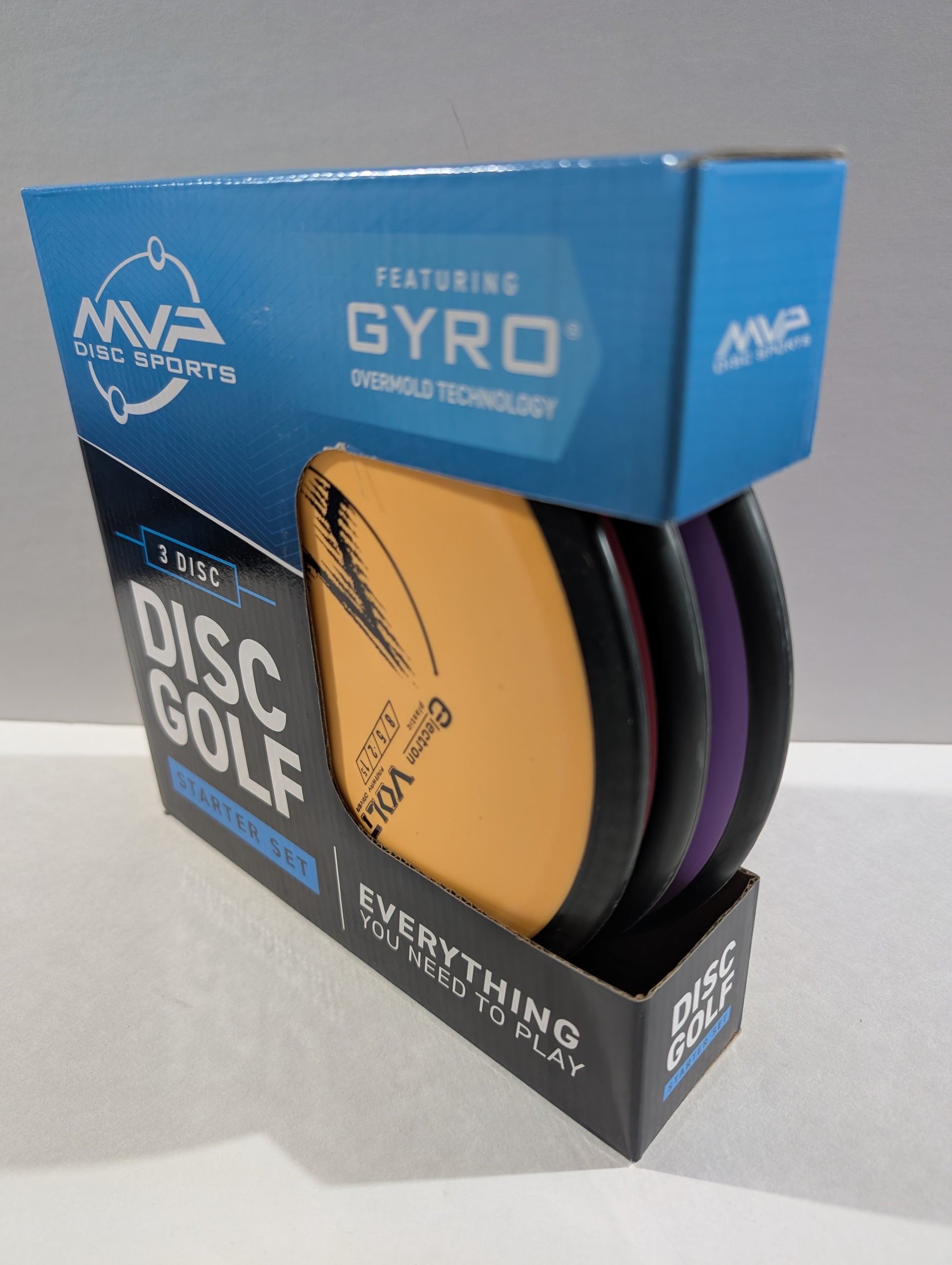 MVP Disc Sports disc golf packaging with three discs inside on a gray background