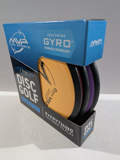 MVP Disc Sports disc golf packaging with three discs inside on a gray background