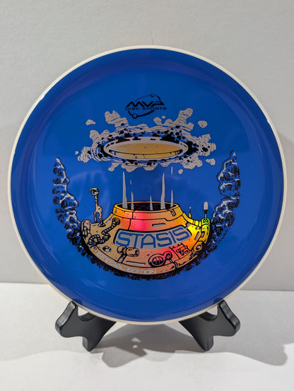 Blue disc with a colorful design on a stand against a gray background
