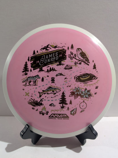 Pink disc with dark illustrations on a stand against a gray background