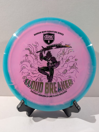 Disc golf disc with 'Cloud Breaker' branding on a stand against a white background