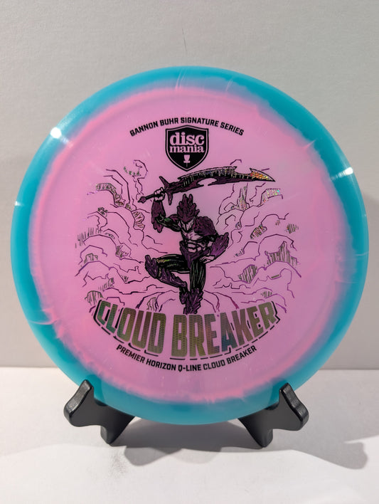 Disc golf disc with 'Cloud Breaker' branding on a stand against a white background