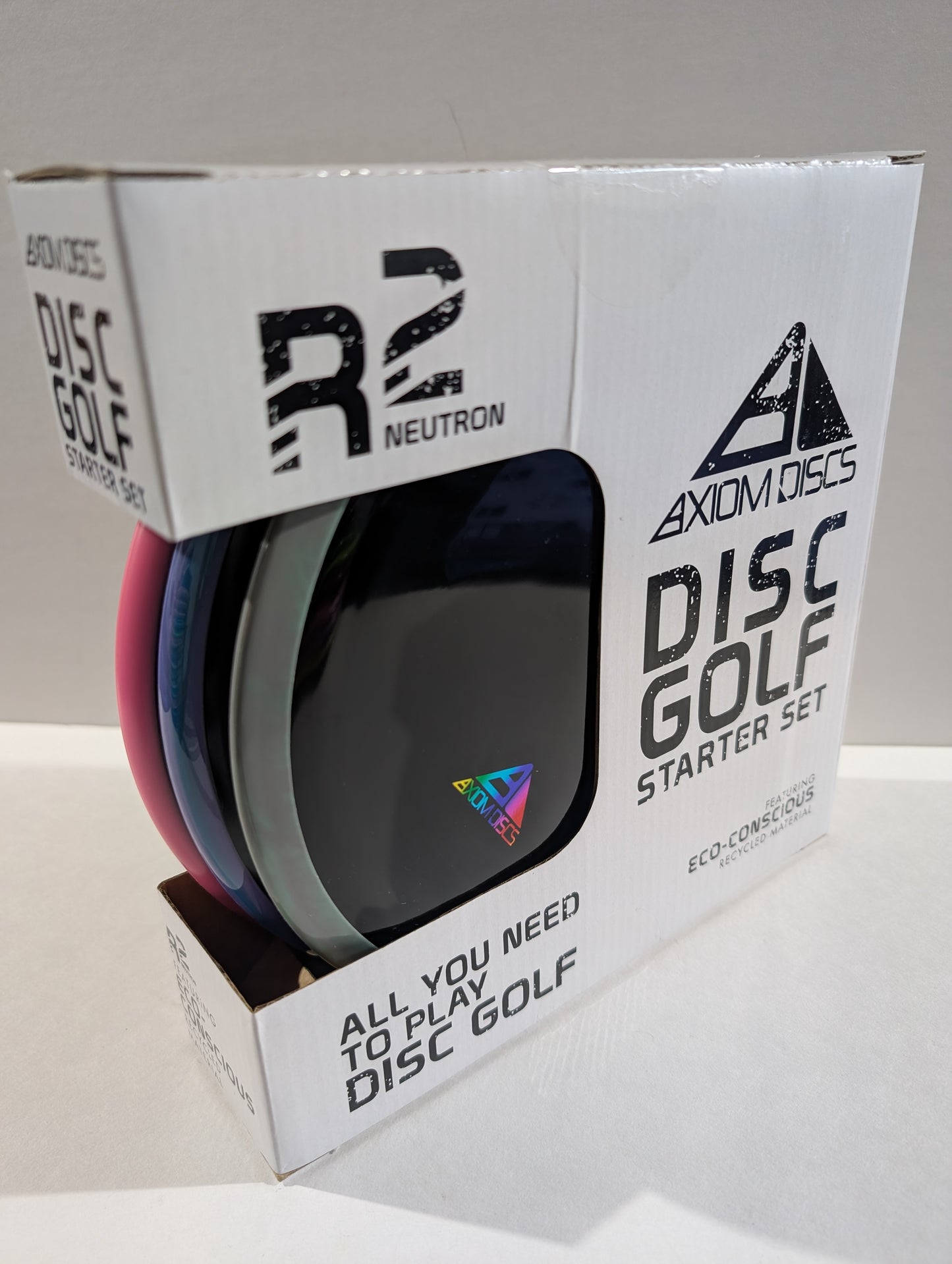 Axiom Discs Disc Golf Starter Set packaging with disc golf discs inside