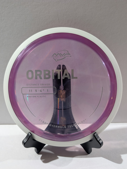 Purple and white disc golf disc on a stand with a gray background