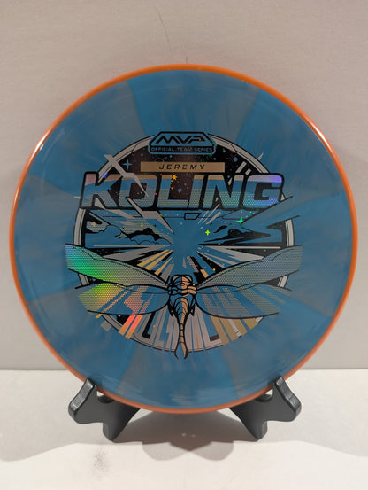 Blue disc with orange rim on a stand against a white background