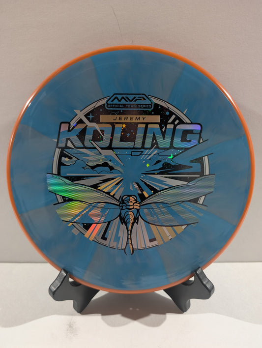 Blue disc with orange rim on a stand against a white background