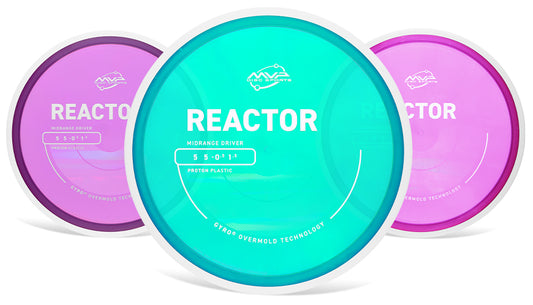Three disc golf discs with 'REACTOR' branding on a white background