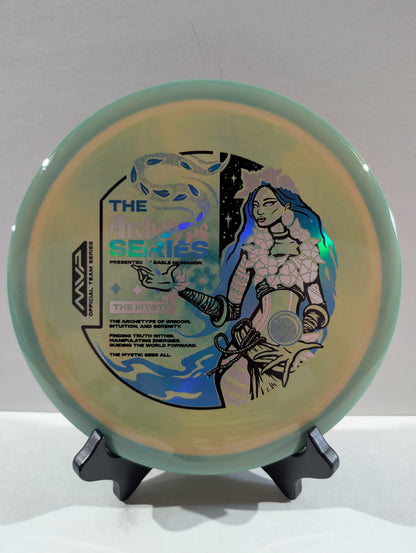 Disc with a design of a woman holding flowers and text on a white background