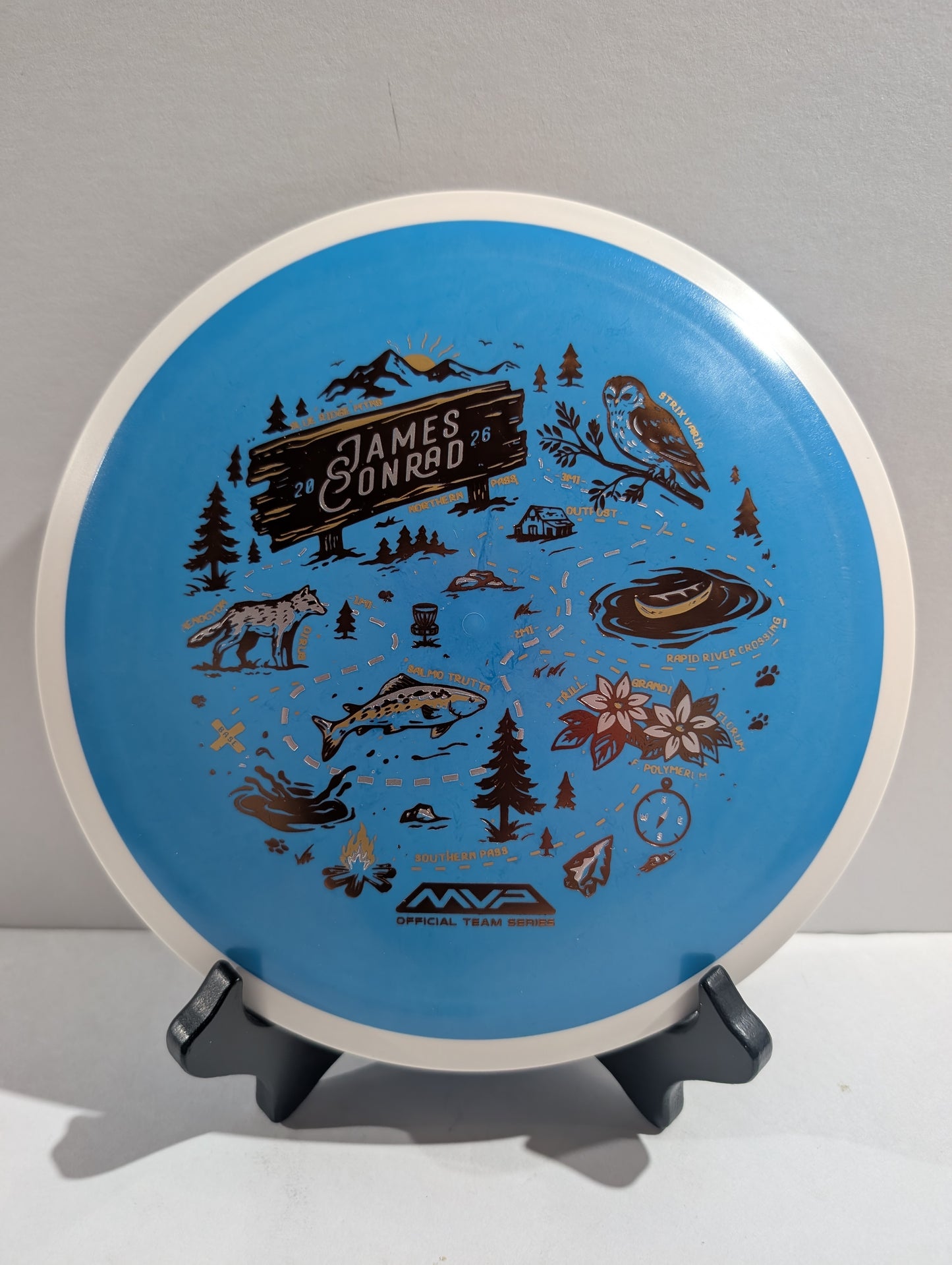 Blue disc with illustrations on a stand against a gray background