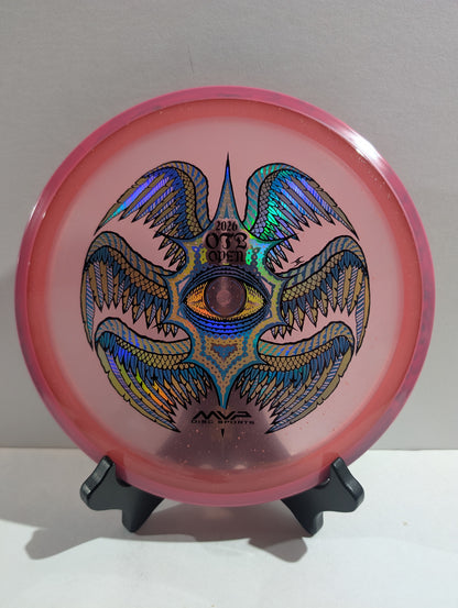 Pink disc with a colorful eagle design on a stand against a white background